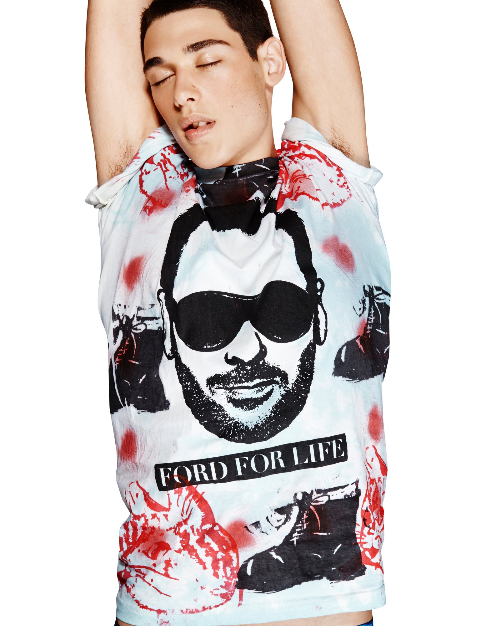 Model with arms raised in a hand painted Ford For Life tee splashed with red