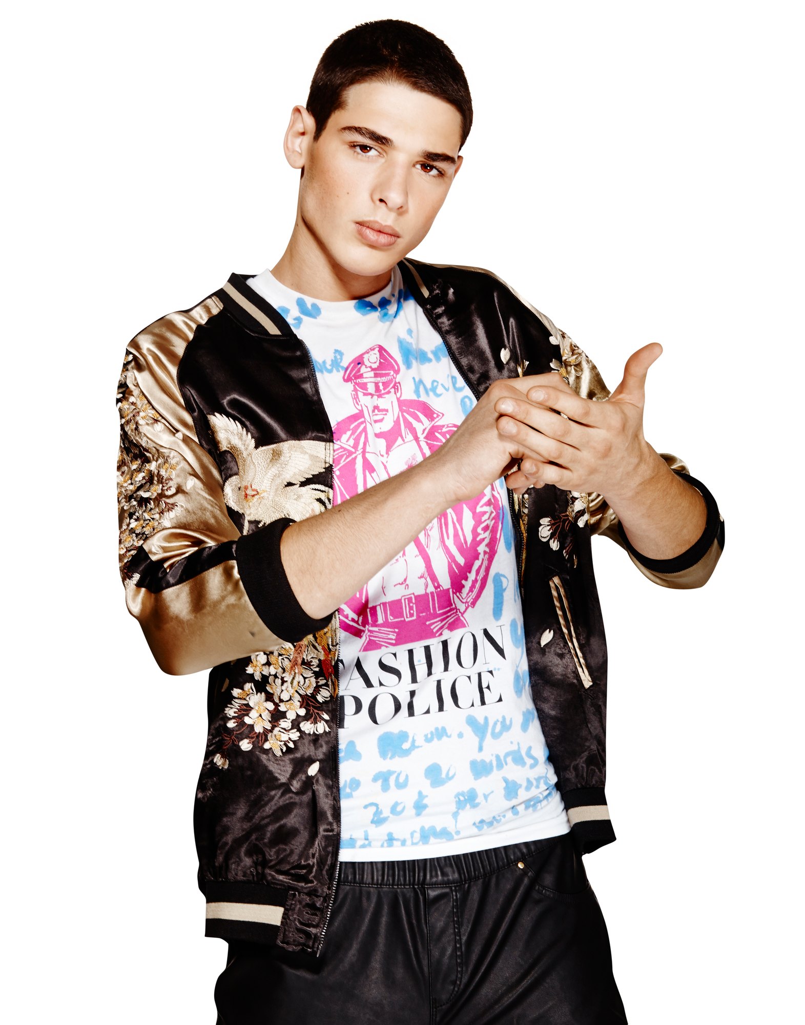 Model in a hand painted Fashion Police tee under a satin souvenir jacket