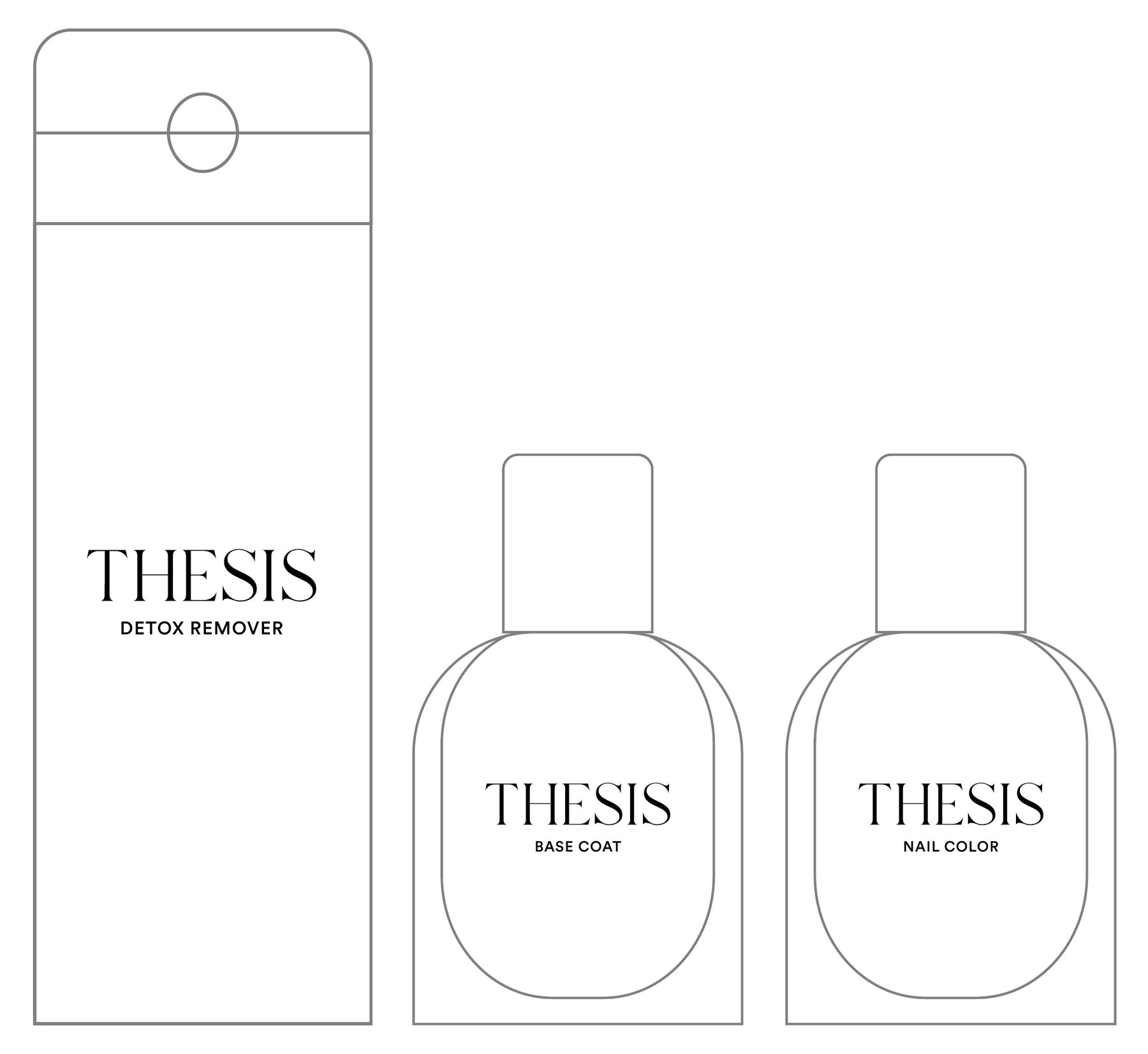 Line drawings of THESIS Detox Remover, Base Coat and Nail Color side by side