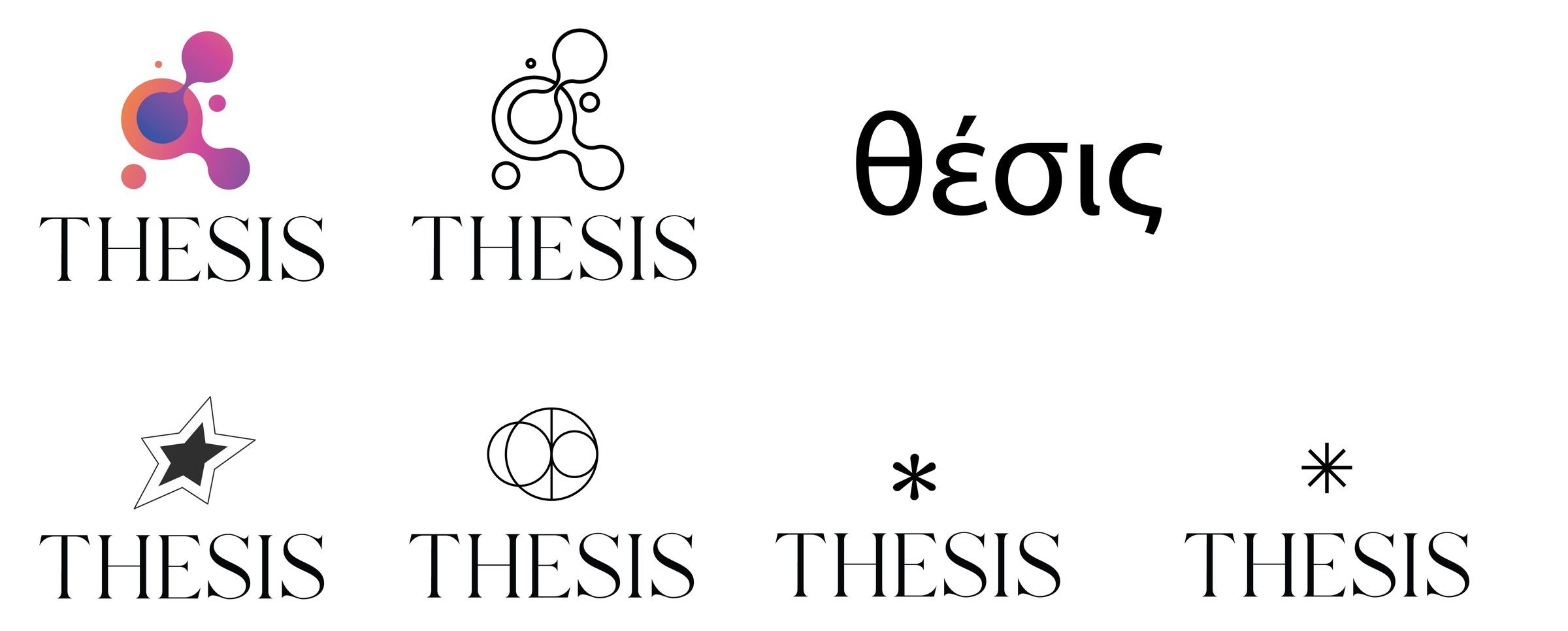 Eight marks tested above the THESIS wordmark: molecules, a star, circles, two asterisks and the Greek word for thesis