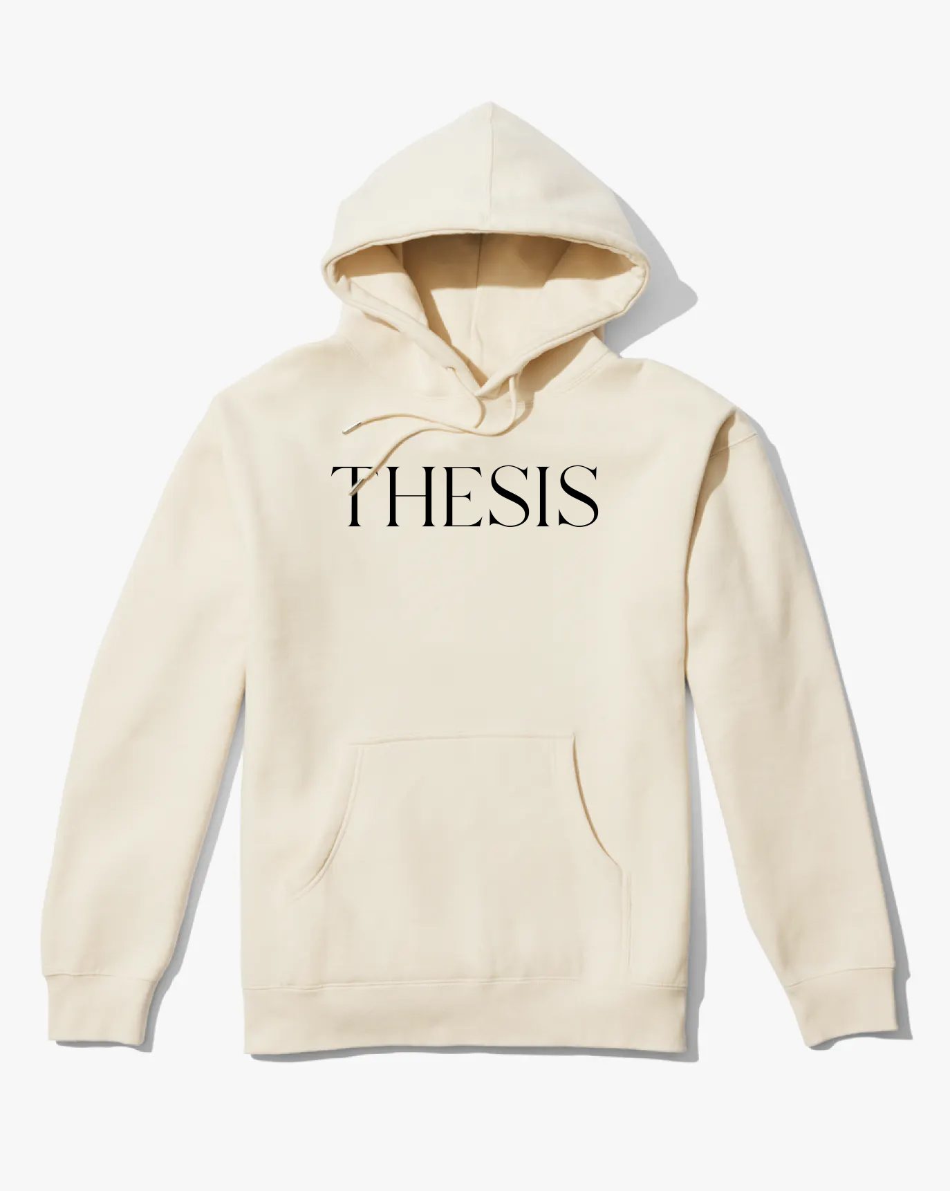 A cream hoodie with the THESIS wordmark