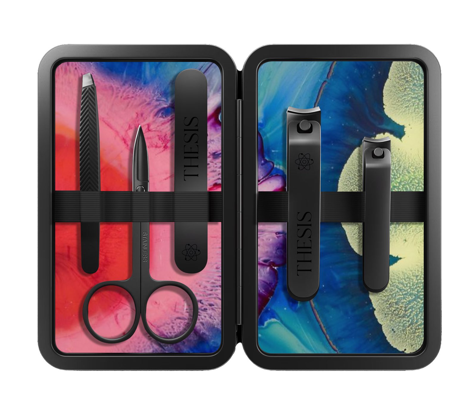 A manicure kit lined with marbled color, its tools stamped THESIS