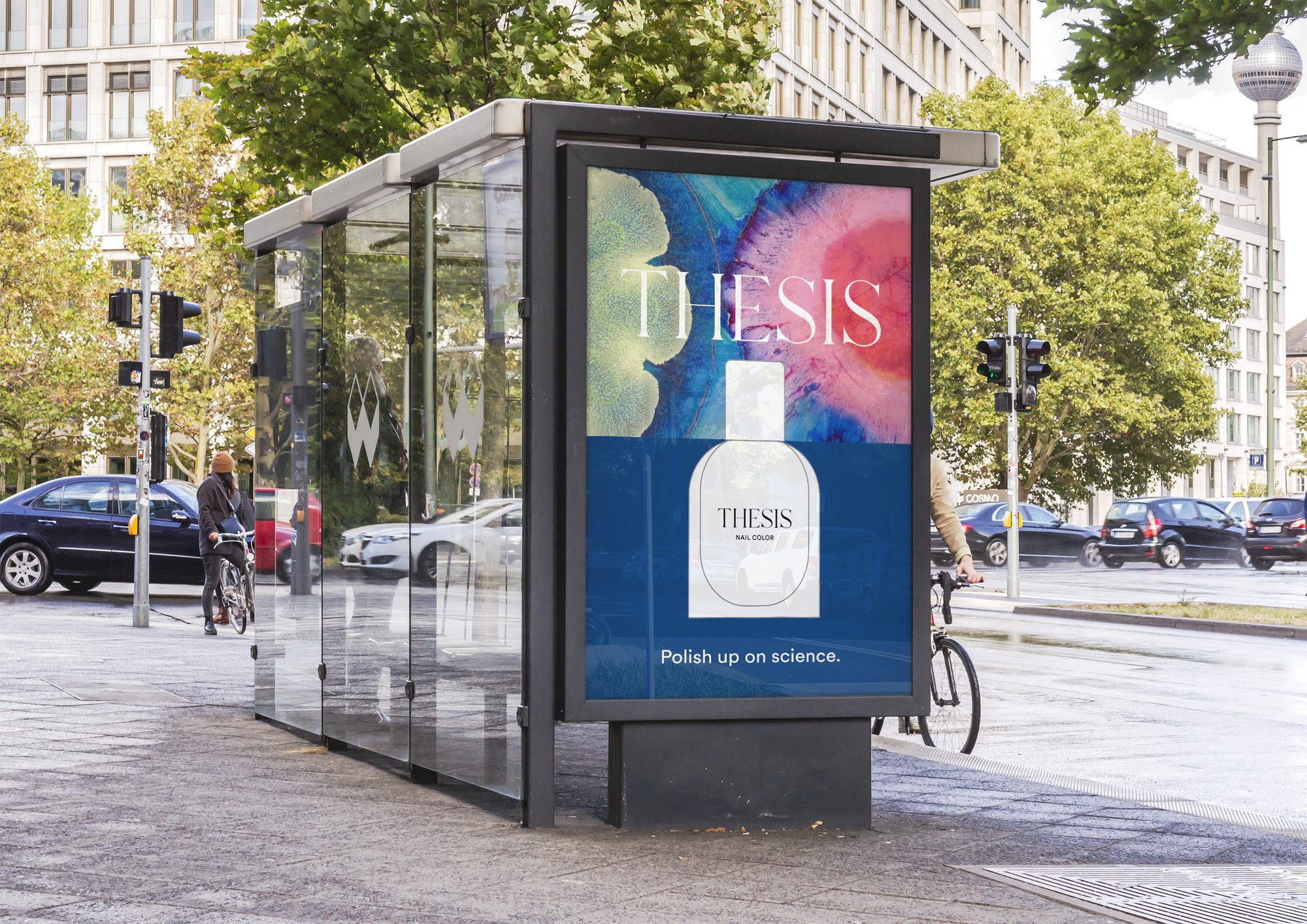 Bus shelter poster: THESIS over marbled color with a white bottle and Polish up on science