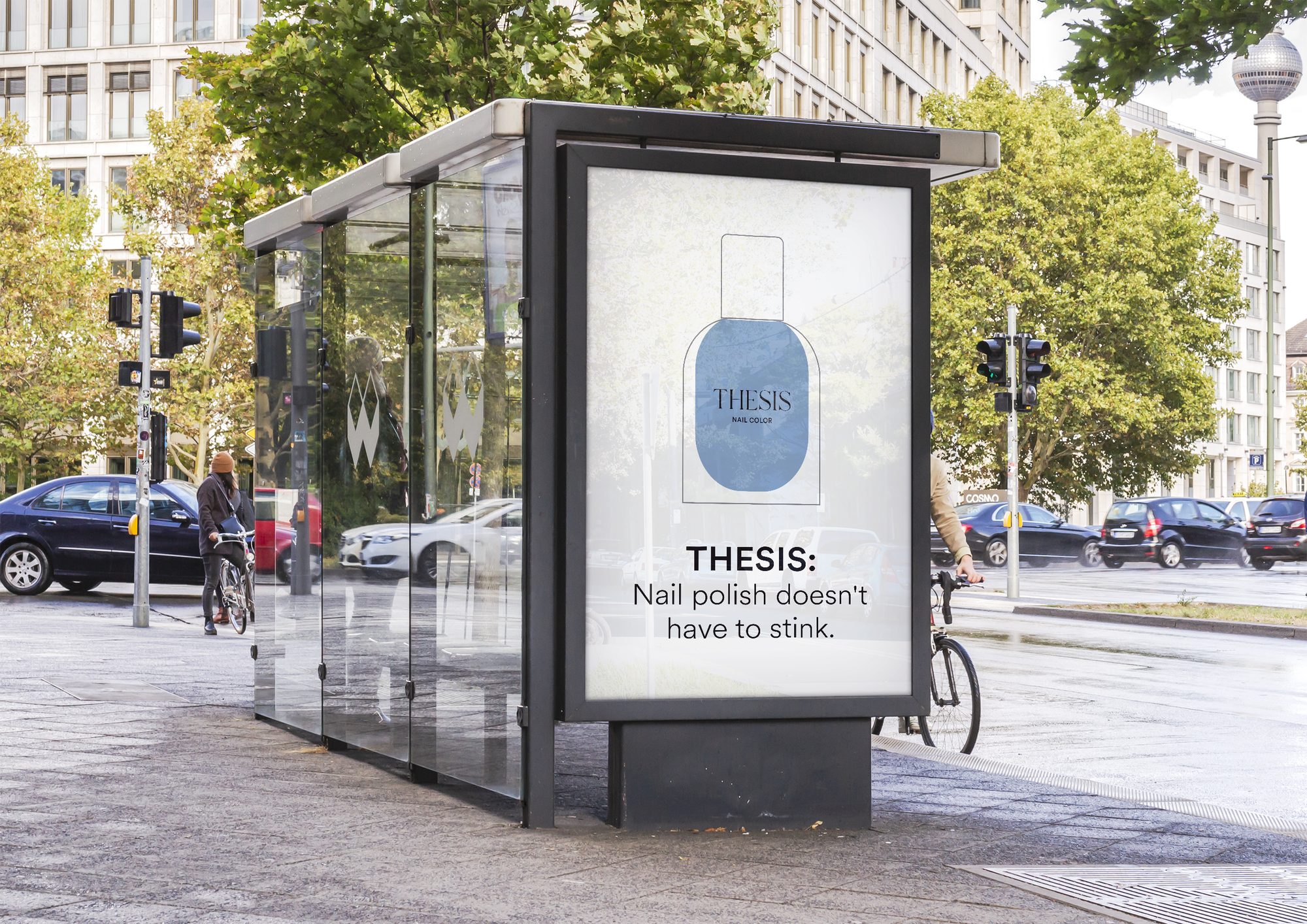 Bus shelter poster: a blue THESIS bottle over the line Nail polish doesn't have to stink