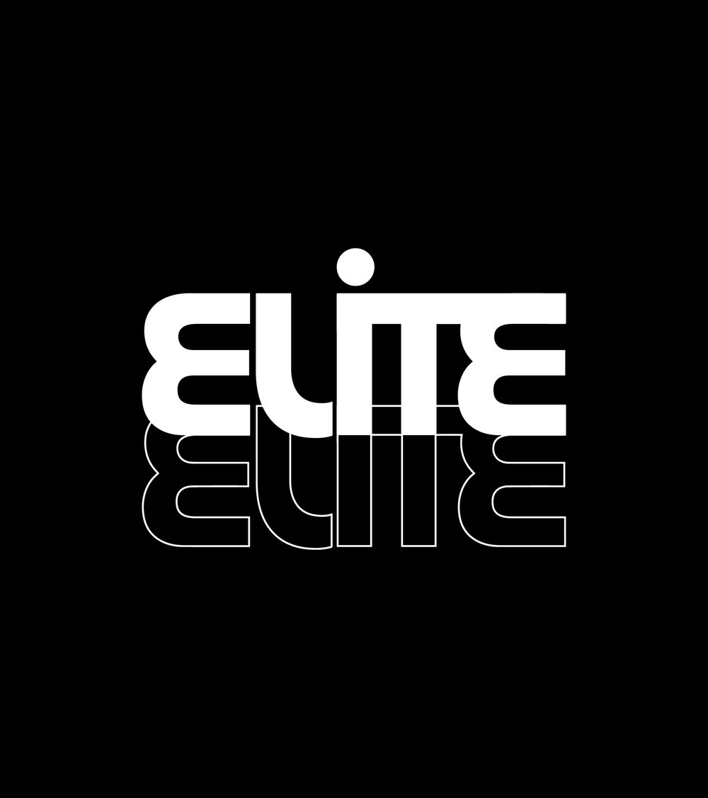 ELITE wordmark concept with an outlined echo, white on black