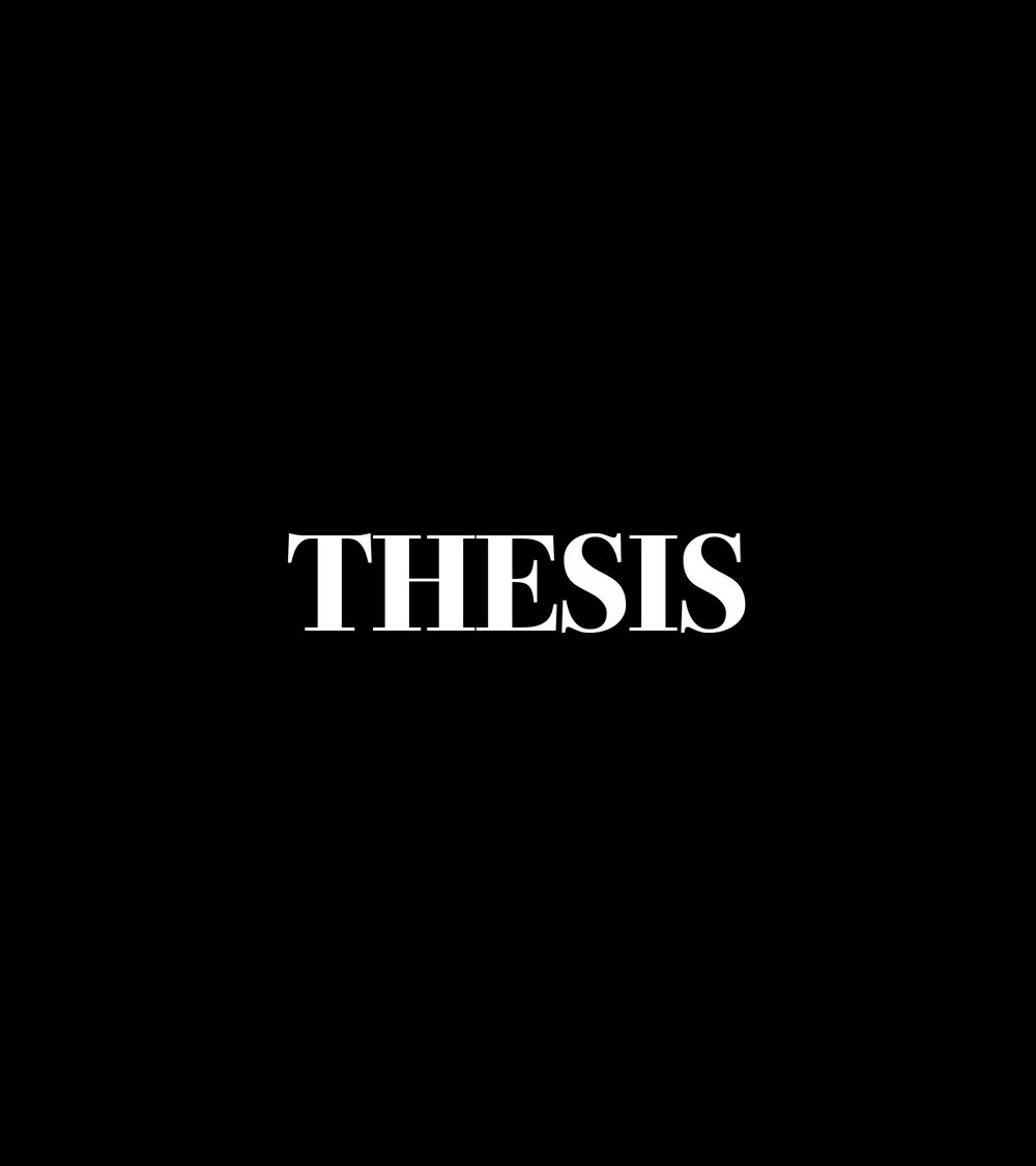 An early bold serif THESIS wordmark in white on black