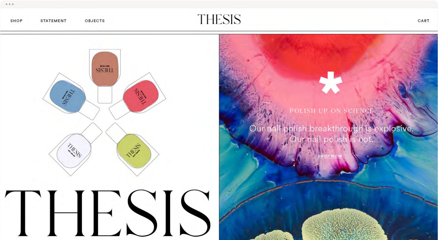 Website homepage design: five colored bottles in a star, the big THESIS wordmark, and Polish up on science over marbled color