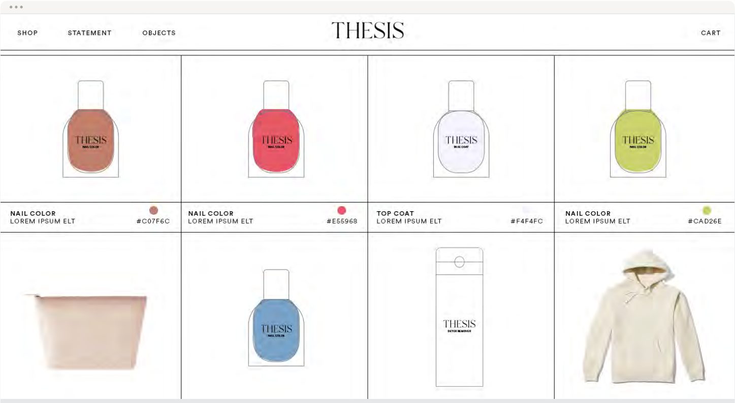 Website shop page design: bottles in coral, red, white, lime and blue, a pouch, the remover and a hoodie
