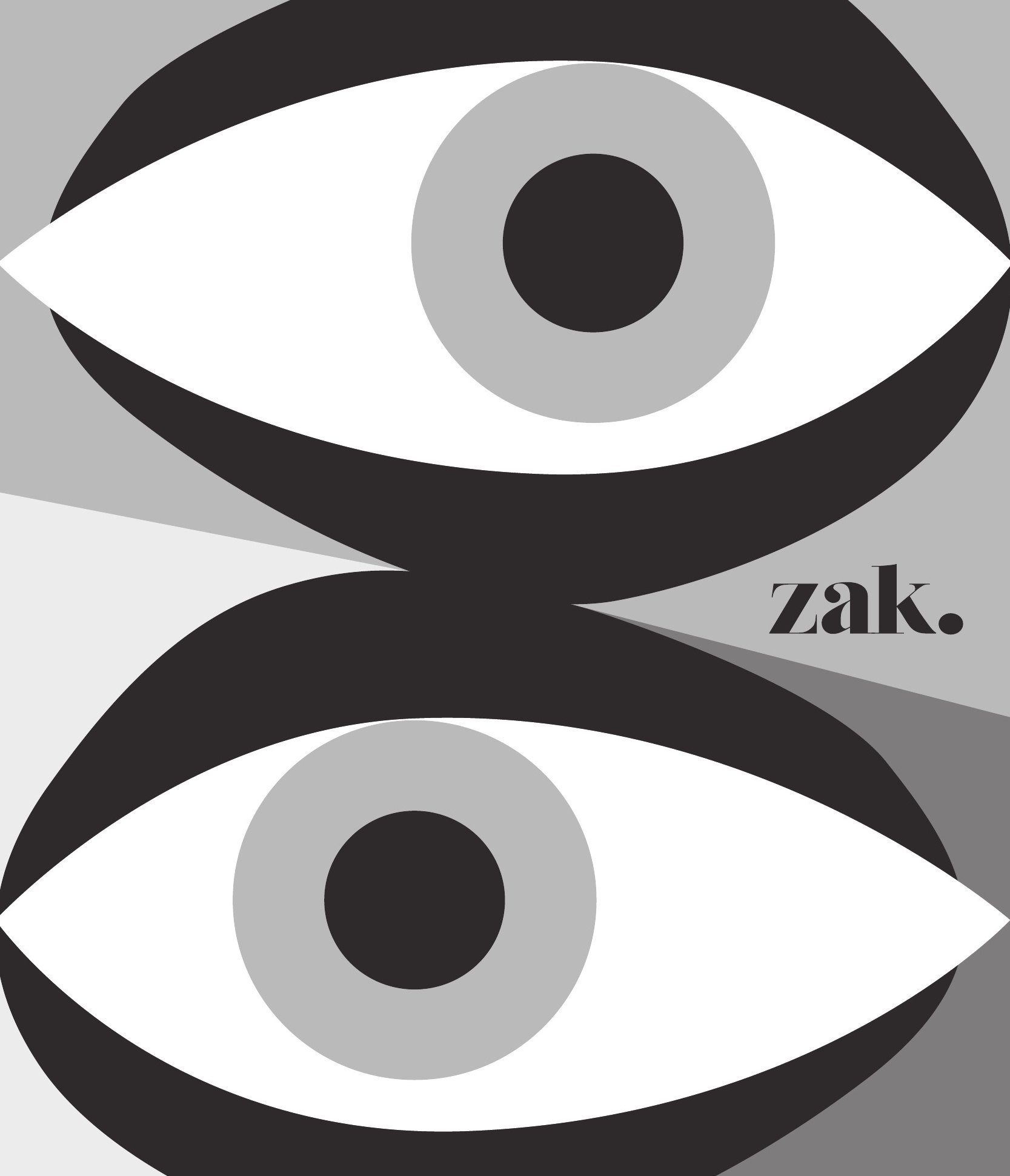 Zak. lens cleaning cloth: two stacked graphic eyes in black, gray and white with the zak. wordmark