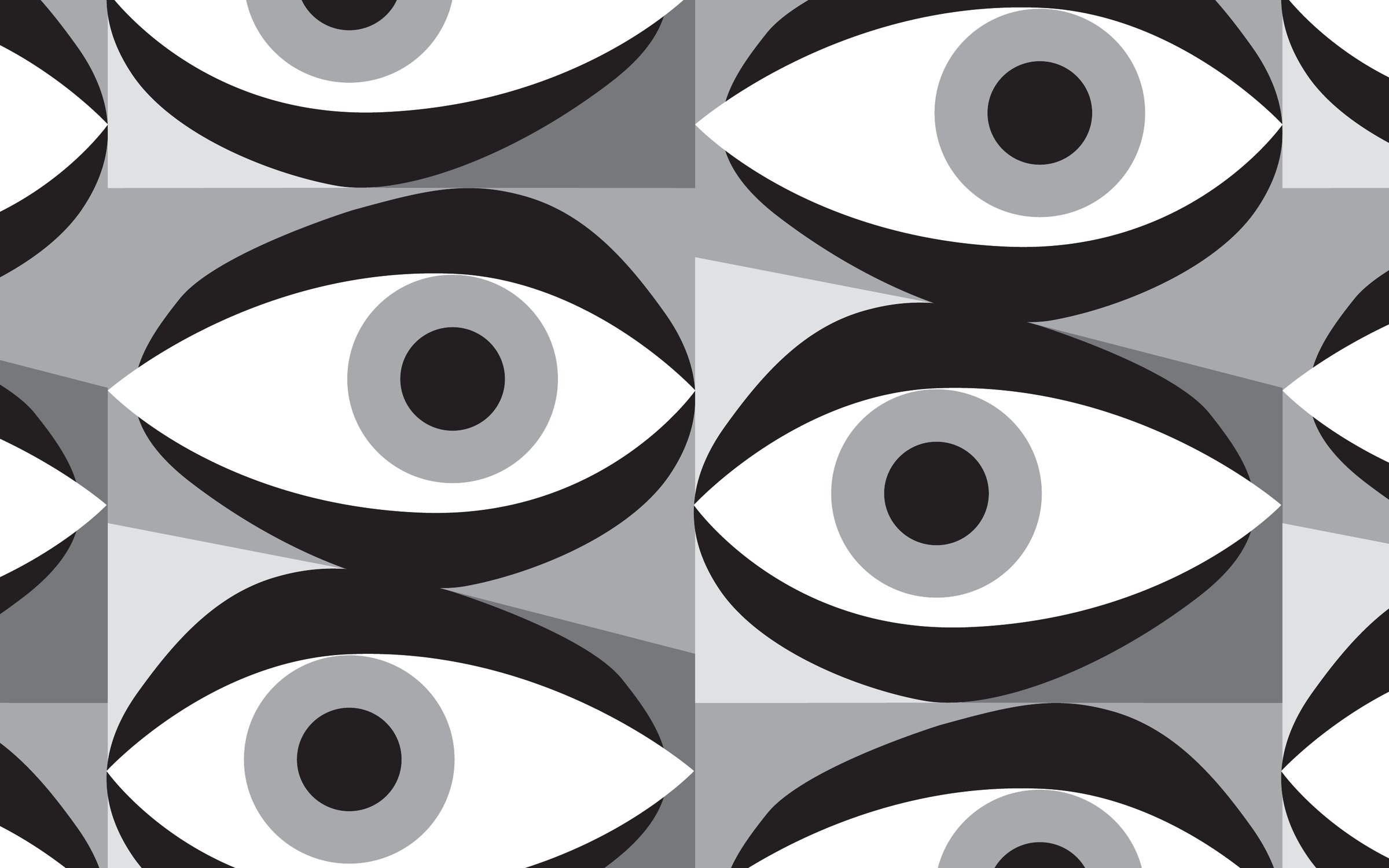 The Zak. eye illustration as a repeating pattern of black, white and gray eyes
