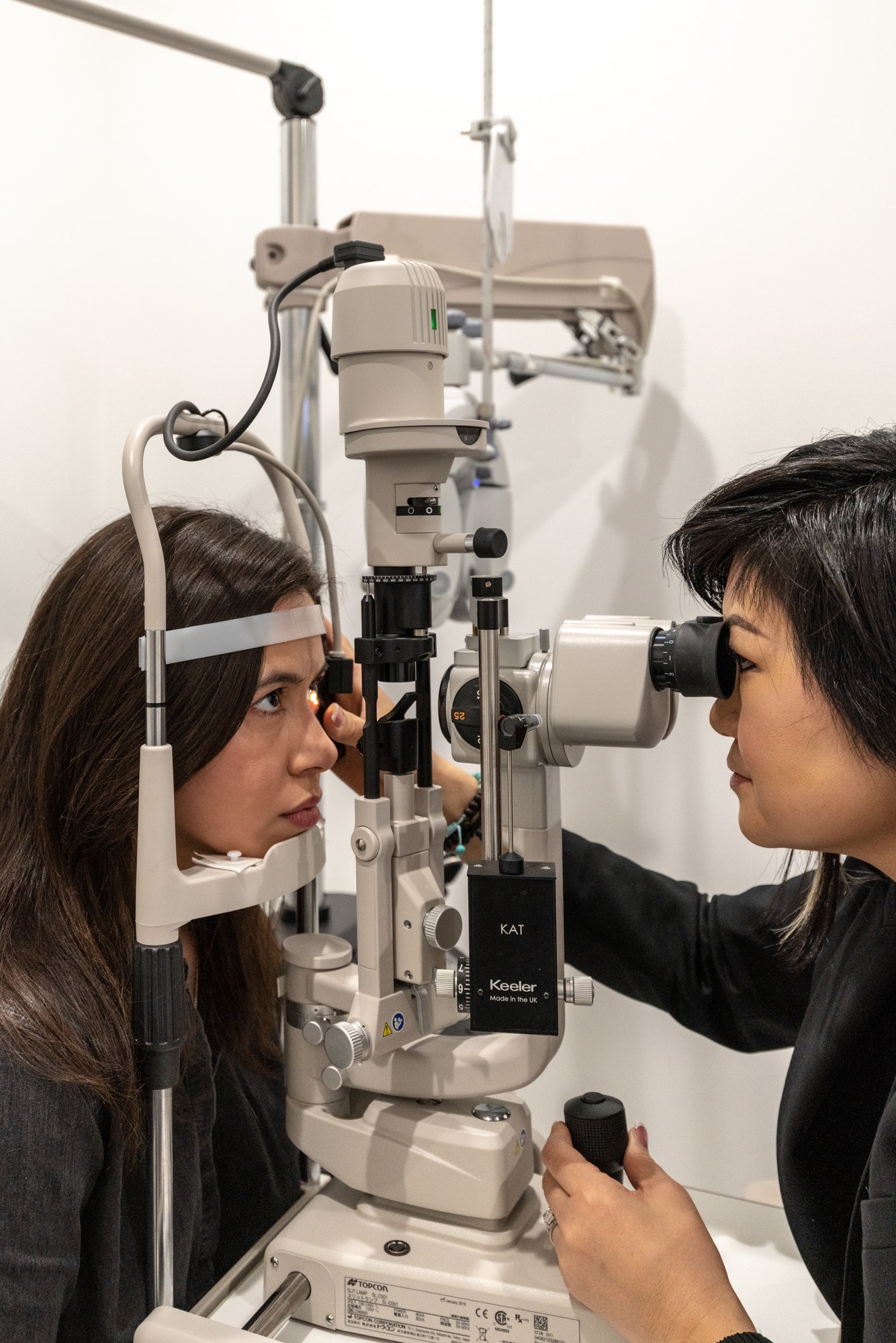 Close up of an eye exam at the slit lamp