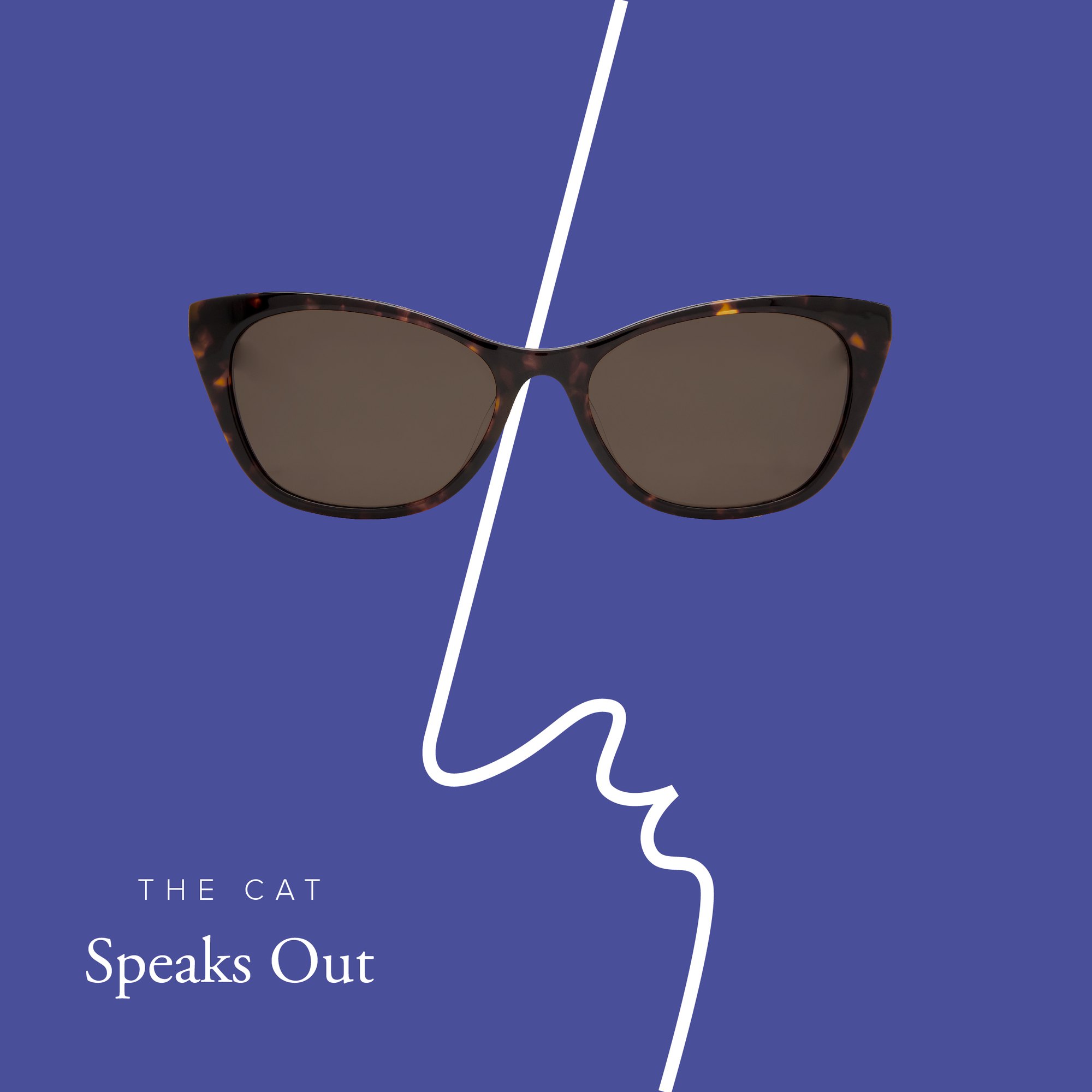 Instagram post: cat-eye sunglasses on blue with a single line profile, The Cat Speaks Out