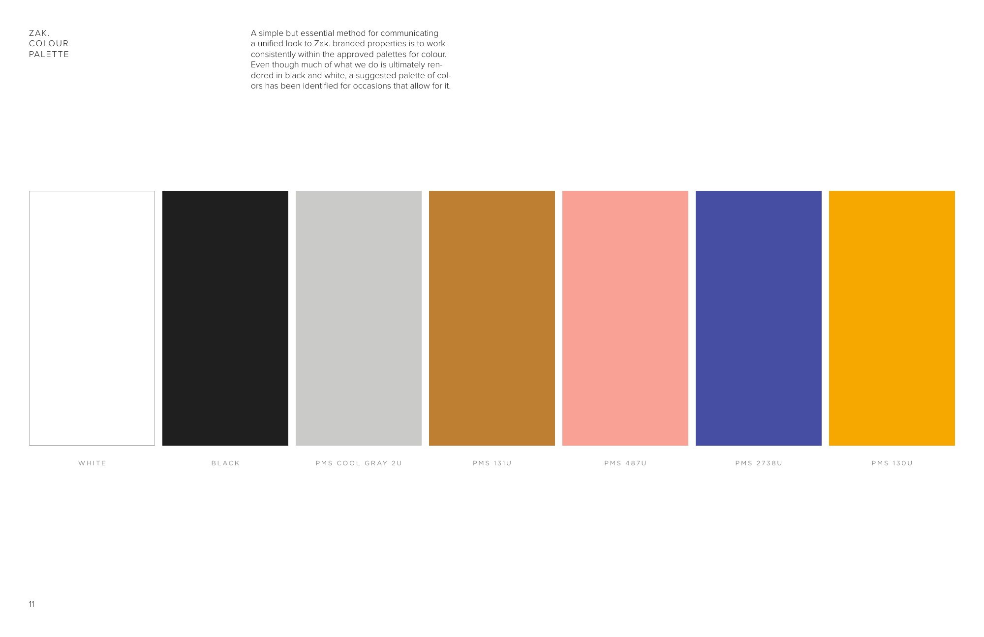 Style guide page: the palette in white, black, cool gray, ochre, pink, blue and gold
