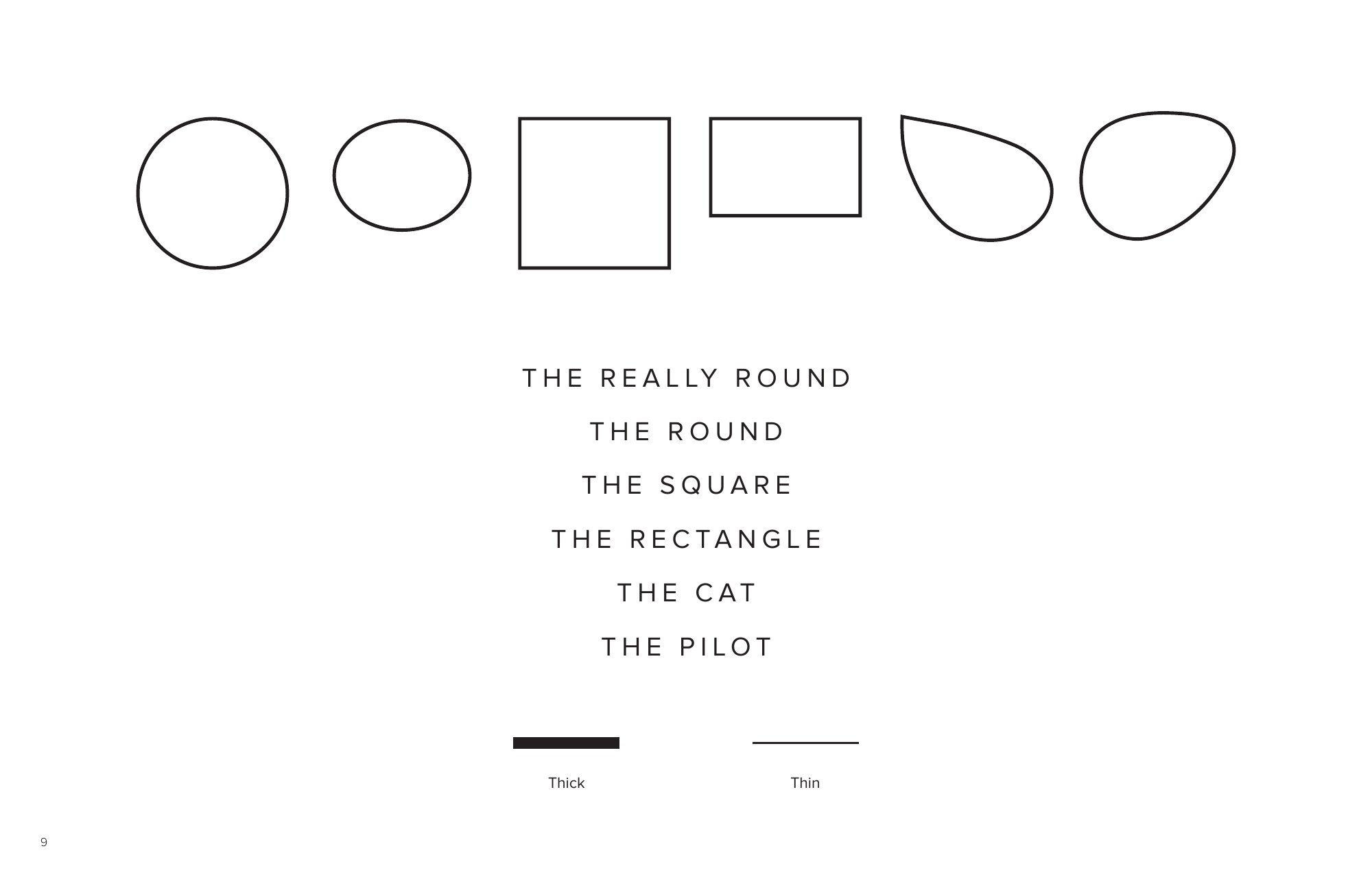 Style guide page: six frame silhouettes, The Really Round, The Round, The Square, The Rectangle, The Cat and The Pilot